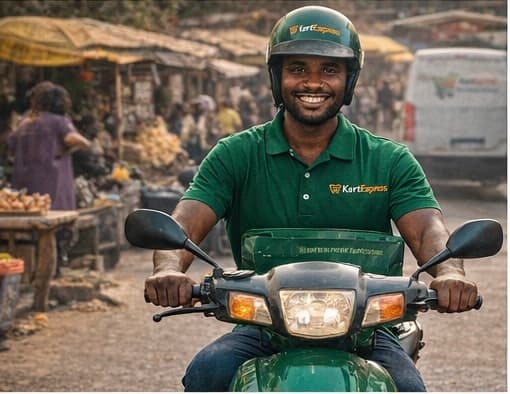 man smiling on a motorbike for delivery