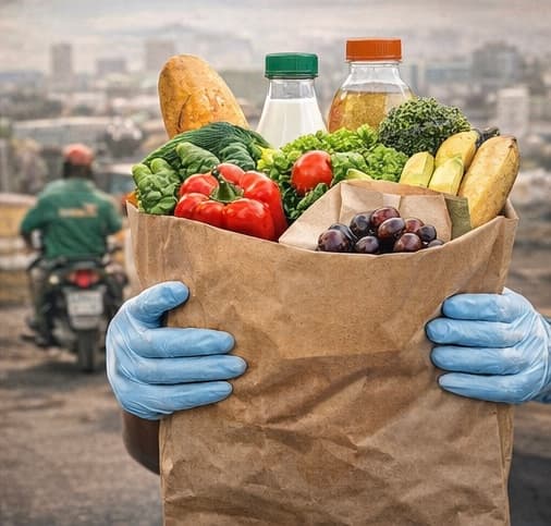 Hands of a delivery person holding a bag of groceries in a paper bag