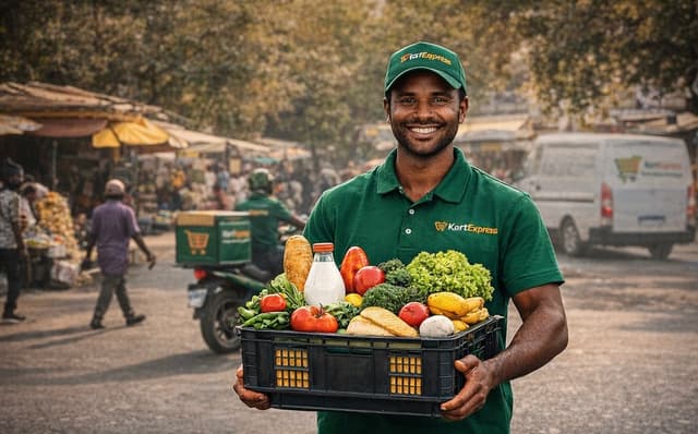 A delivery man carrying a basket of groceries
