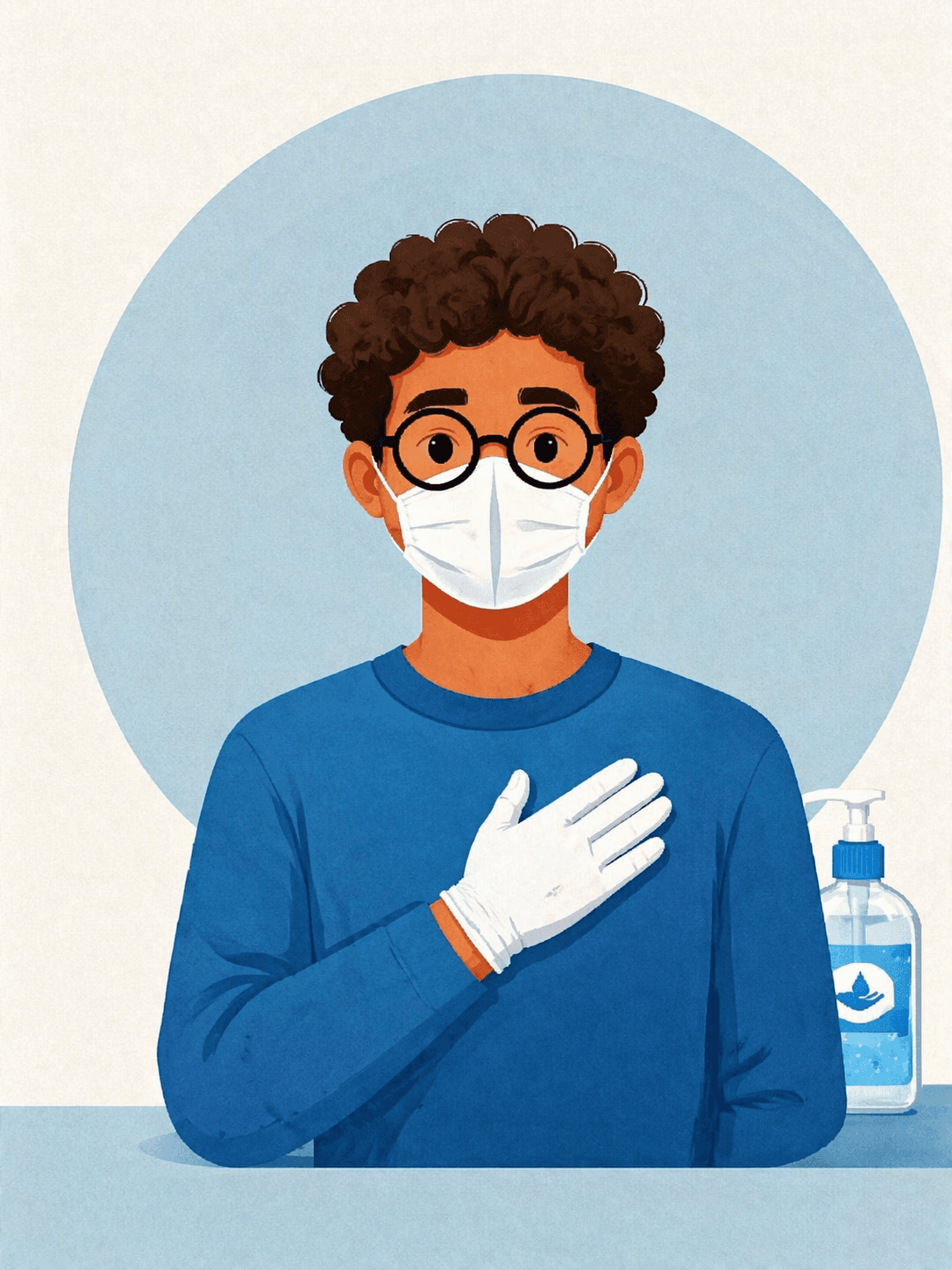 A cartoonic guy with nose mask, gloves and sanitizer, symbolizing 100% quality check
